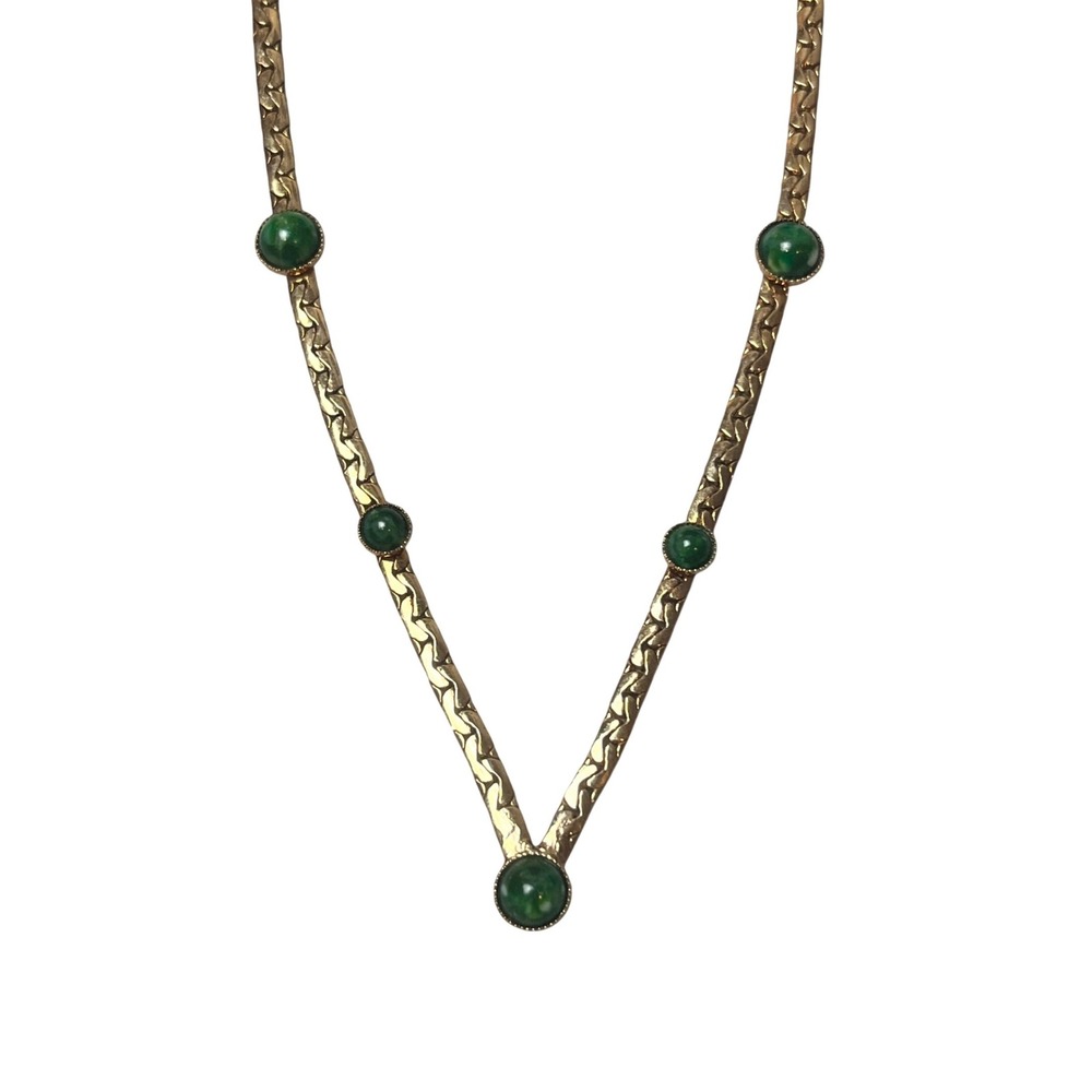 Vintage Sarah Coventry Gold Tone Green Cabochon V-Shape Necklace 16 Inch